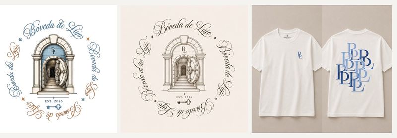 Brand identity: Bóveda de Lujo. Crest-style mark and wordmark, carried onto a tee range.