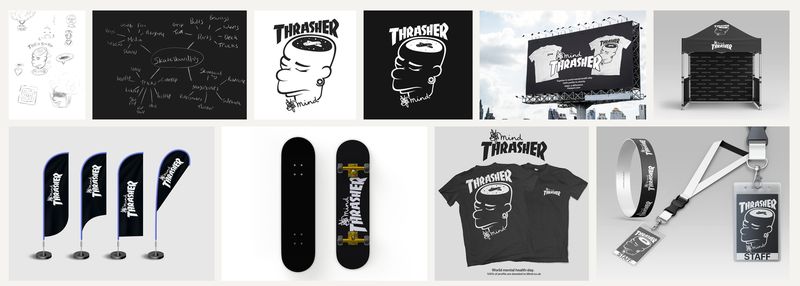Campaign concept for World Mental Health Day. From sketches and a mind map to a collab mark, merch, event kit and outdoor.