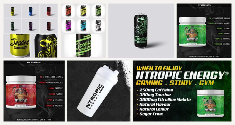 Packaging and 3D product visuals. An energy drink range and supplement tubs: flavour system, can and tub artwork, 3D renders and promo panels.