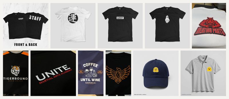 Apparel and DTF. Tee and hoodie graphics, client workwear printed by DTF, and embroidery mock-ups.