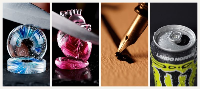 AI motion studies: a knife through a glass eye and a glass heart, an ink nib, and a drinks can in macro