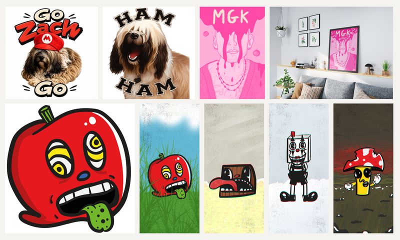 Illustration and characters. Pet portraits and merch art, a gig poster, and a character set for a mobile game.