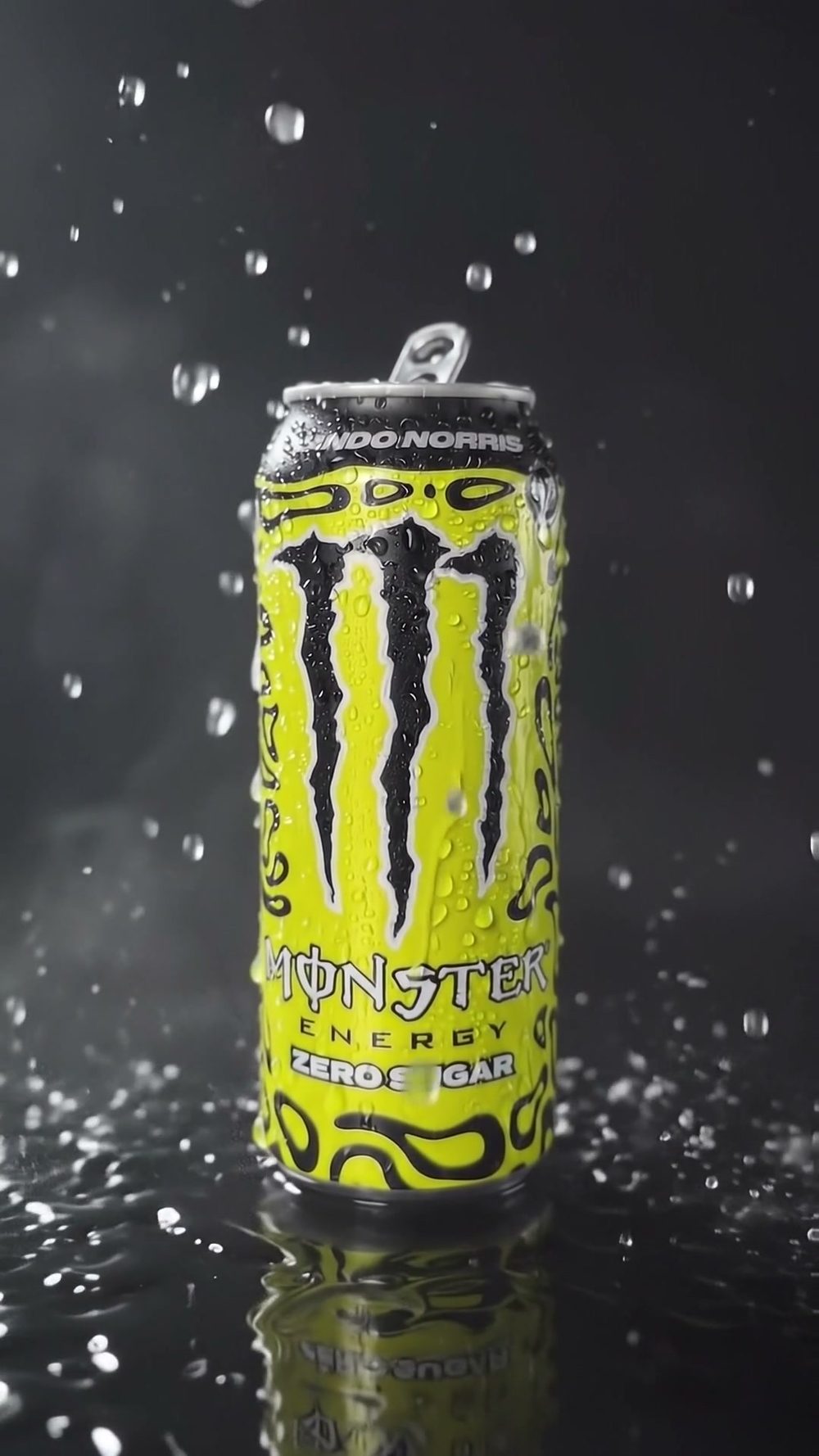 The can settled on a wet surface, label sharp