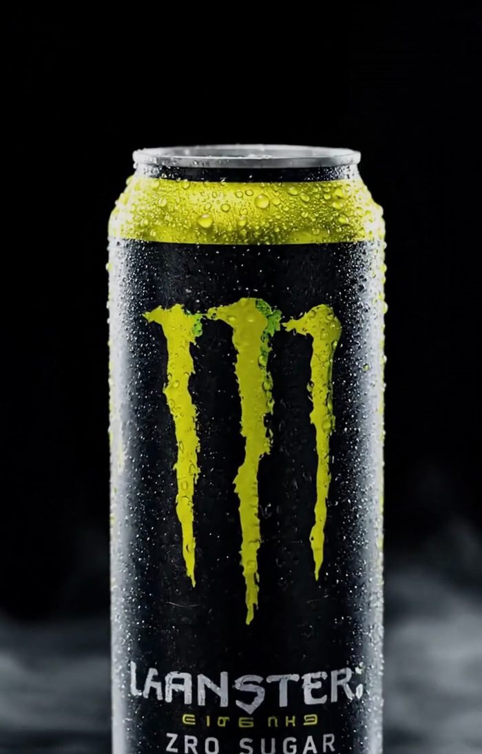 AI-generated frame where the can's wordmark and 'zero sugar' text are garbled